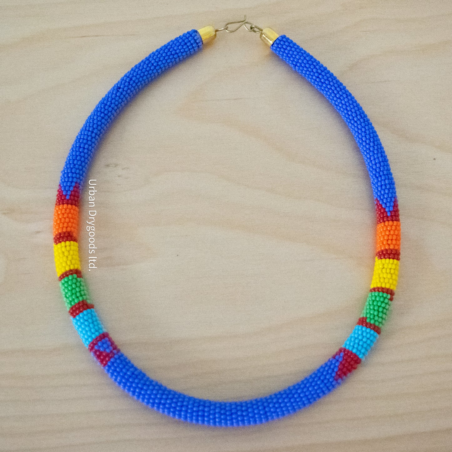 Zulu and Messiah African Handmade Beaded Necklace Periwinkle with Red, Orange, Yellow, Green, and Sky Blue