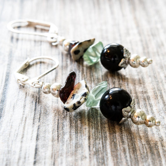 Little Treats, Dangle Earrings with Natural Dalmatian Stones, Aquamarine Stones, and Black Glass Beads