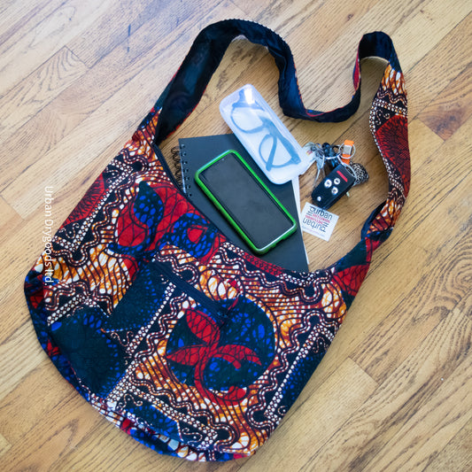 Cross Body Sling Bag, Ethnic - BoHo - Hippie Bag with Red, Gold, Black, and Blue Design