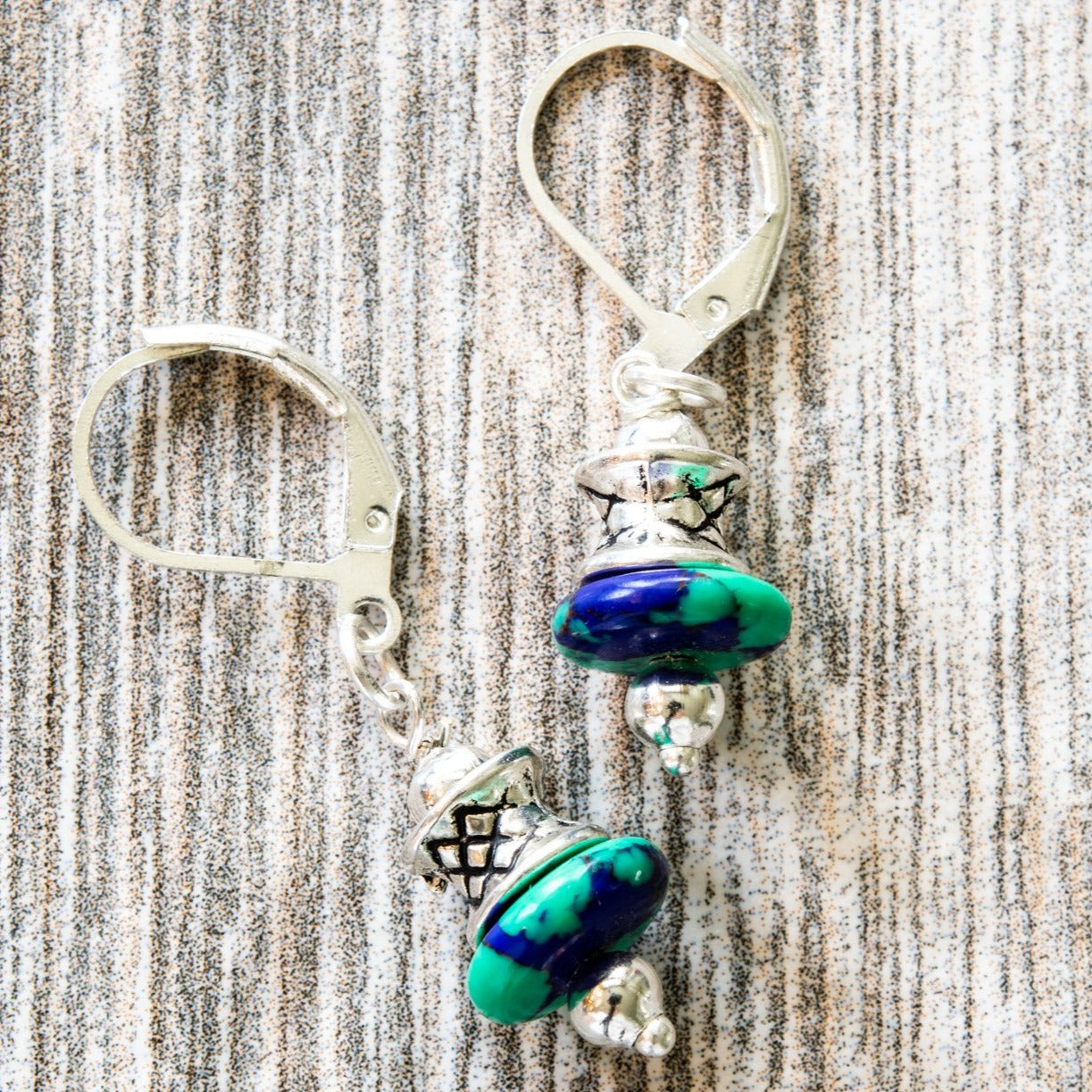 Little Treats, Silver Springback Dangle Earrings with Azurite Stones