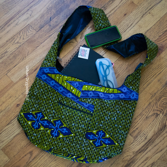 Cross Body Sling, Ethno, Hippie Bag, with Green and Navy Blue Flowers and Leaves