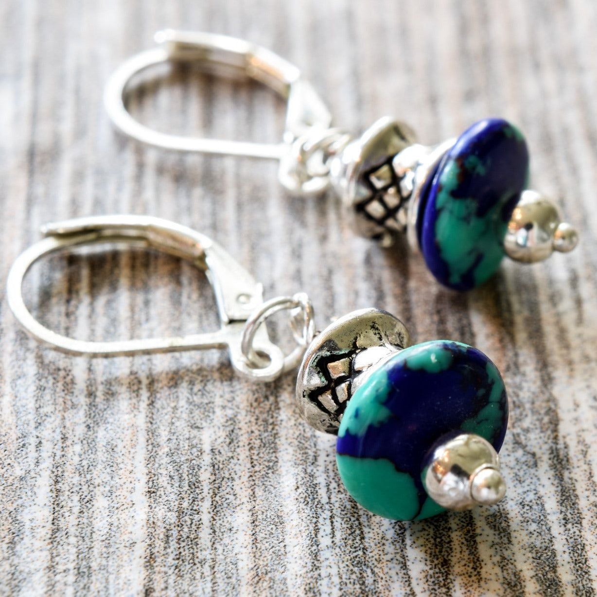 Little Treats, Silver Springback Dangle Earrings with Azurite Stones