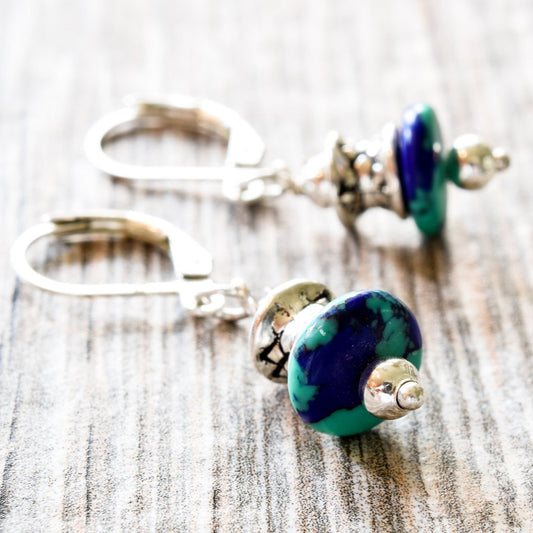 Little Treats, Silver Springback Dangle Earrings with Azurite Stones