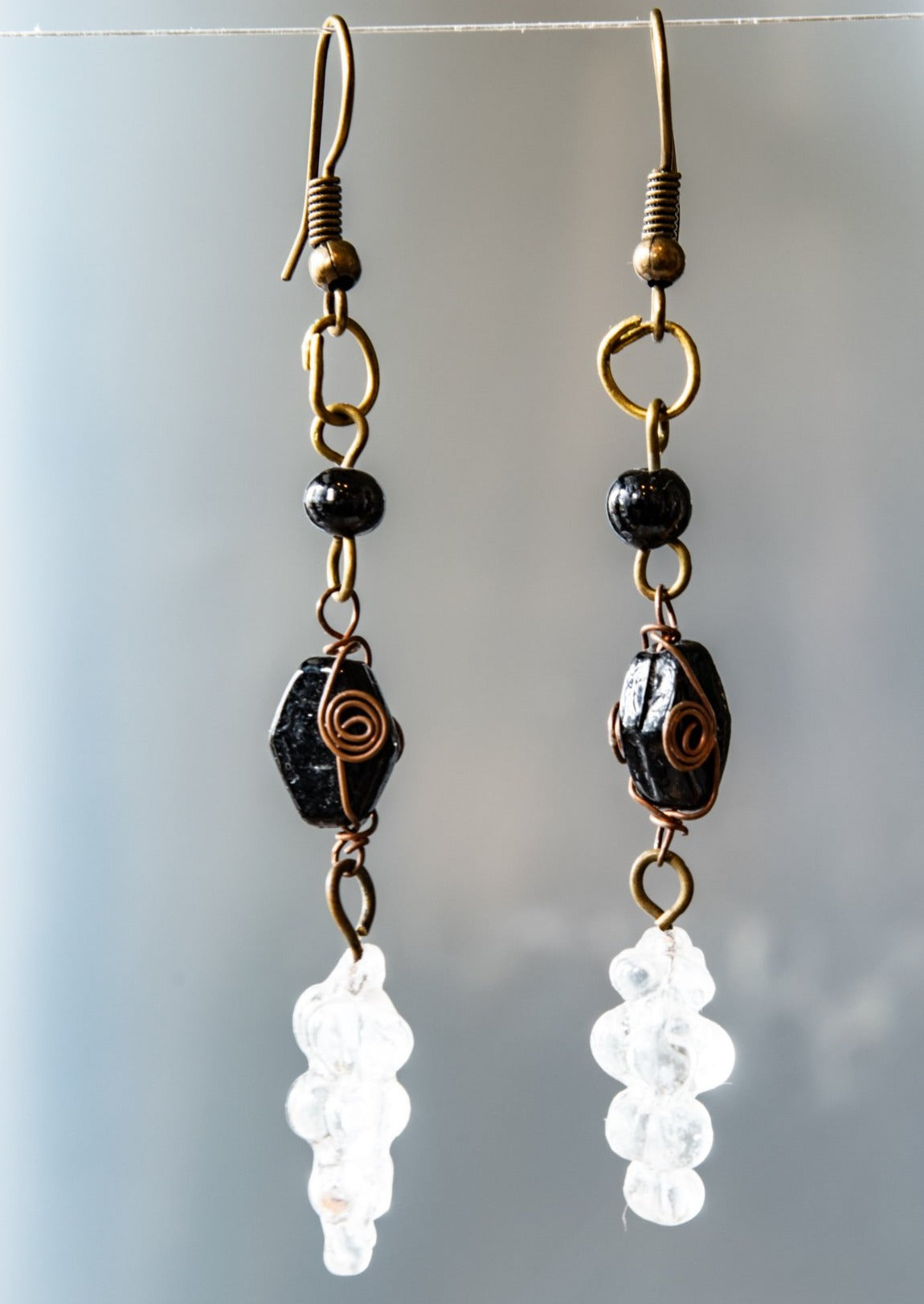 Fringe, Aged Brass Dangle Earrings with Handmade Clear and Black Glass Beads