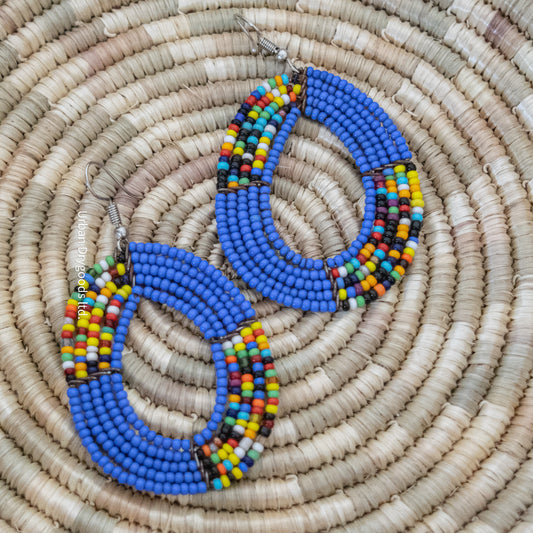 African Large Teardrop Earrings, Periwinkle with Multicolored Accents