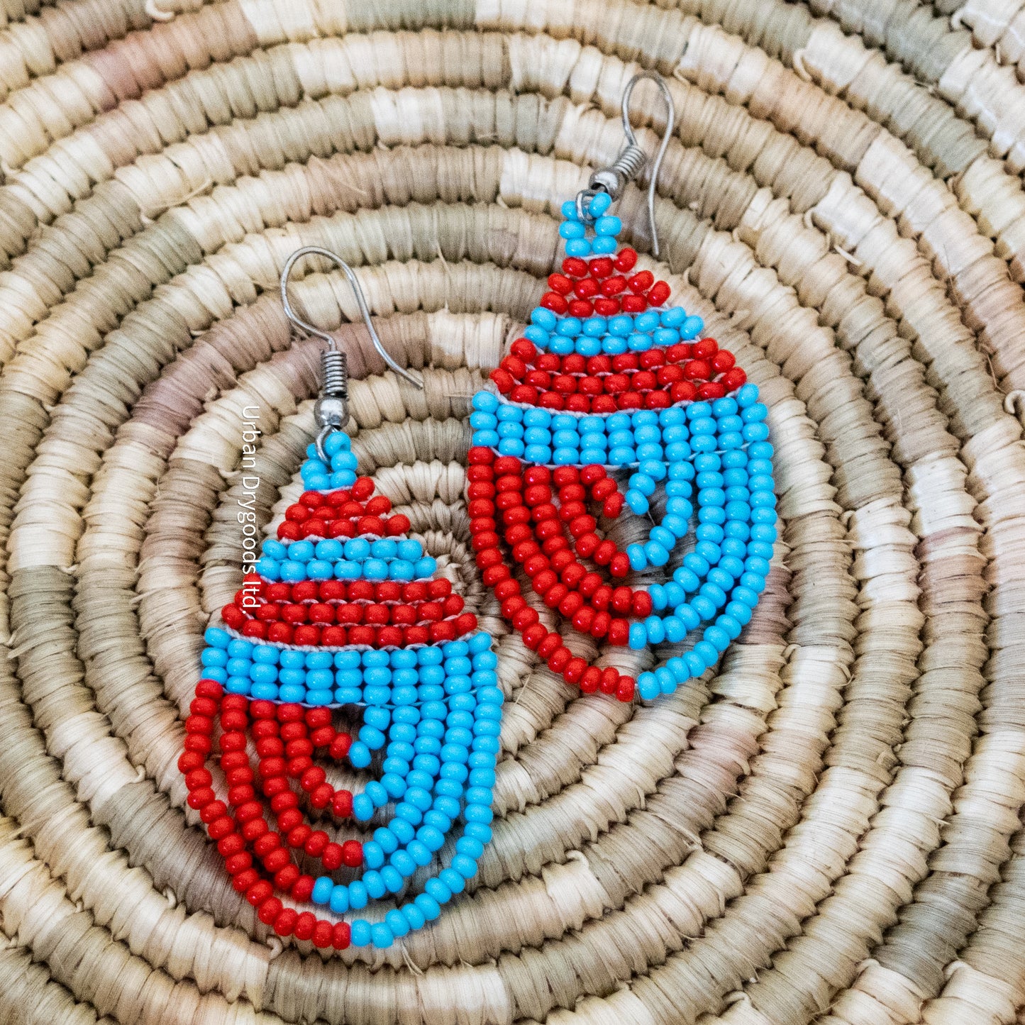 African Teardrop Earrings, Lacey, Sky Blue, and Red