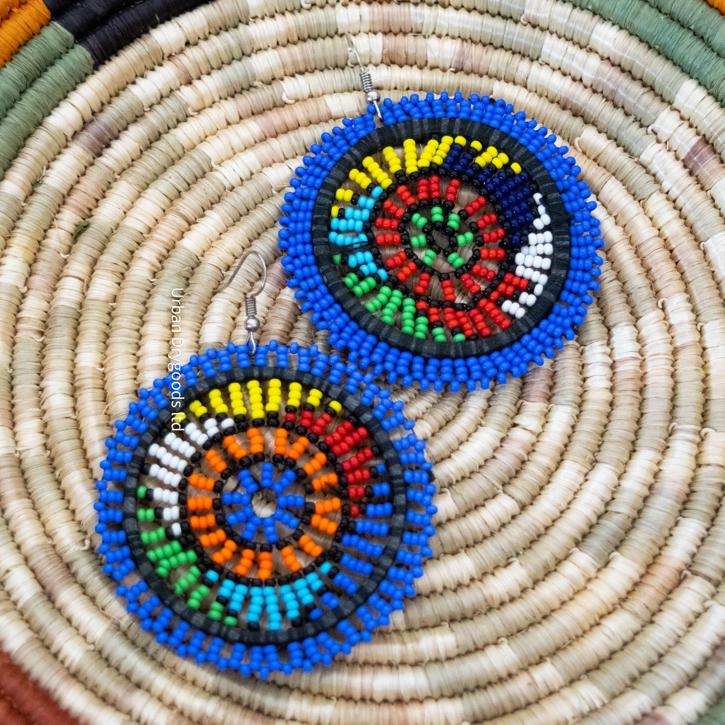 African, Large Round, Earrings, Flower Design with Periwinkle, and Accents of Black, Red, Yellow, Orange, Sky Blue, Green, and White Accents