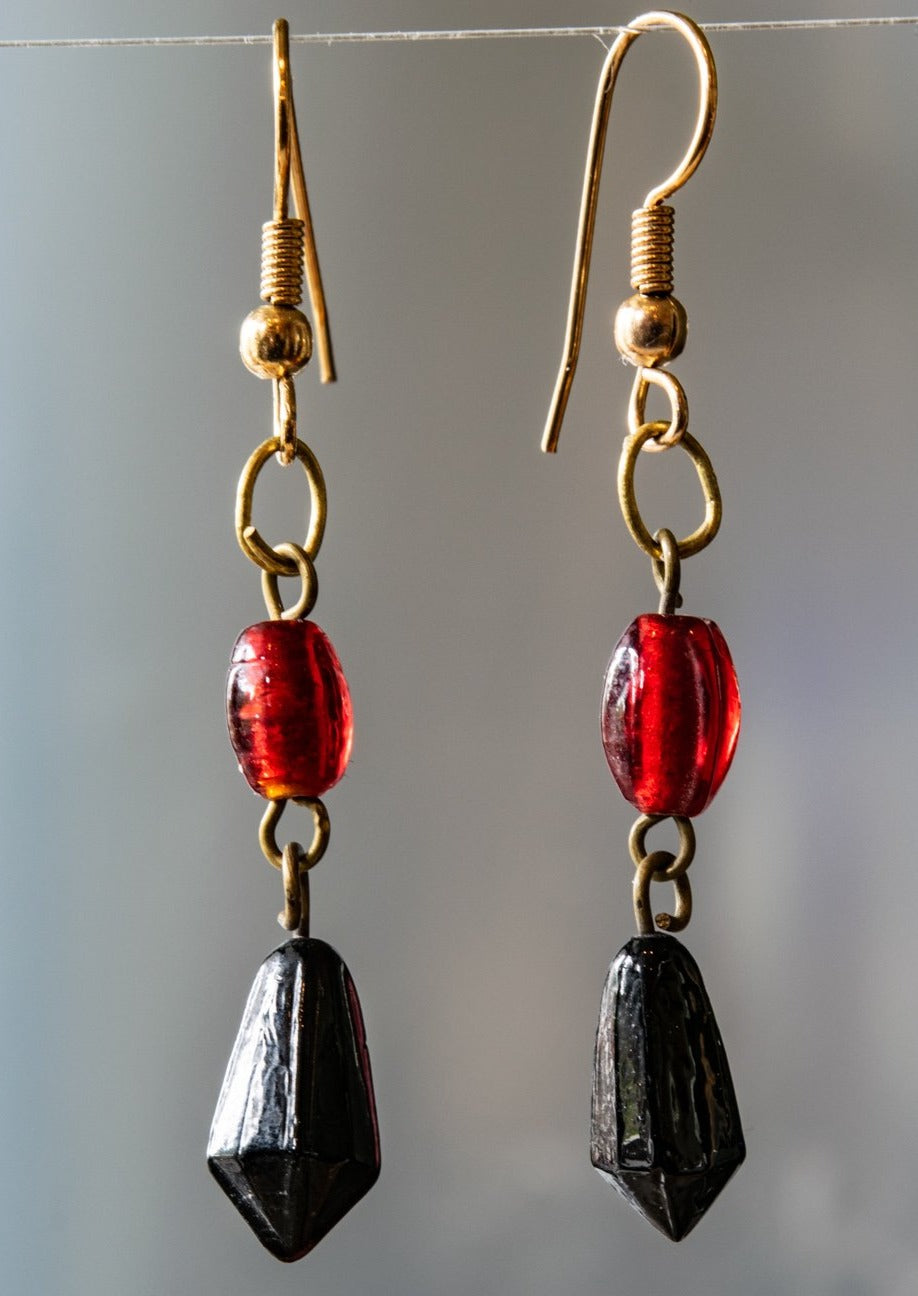 Fringe, Brass Dangle Earrings with Black and Ruby Red Glass