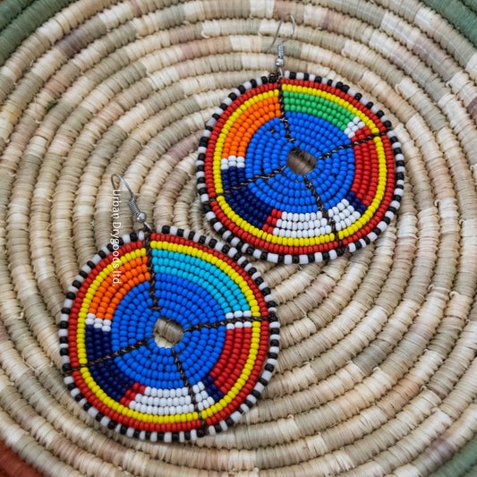 African, Large Round Earrings, with Periwinkle Centers in Red, Orange, Yellow, Sky-Blue, Black and White Accents