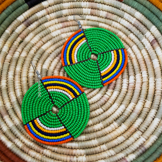 African Large Round Green Earrings, with Orange, Periwinkle, Yellow, Black, Gold, and White, Accents