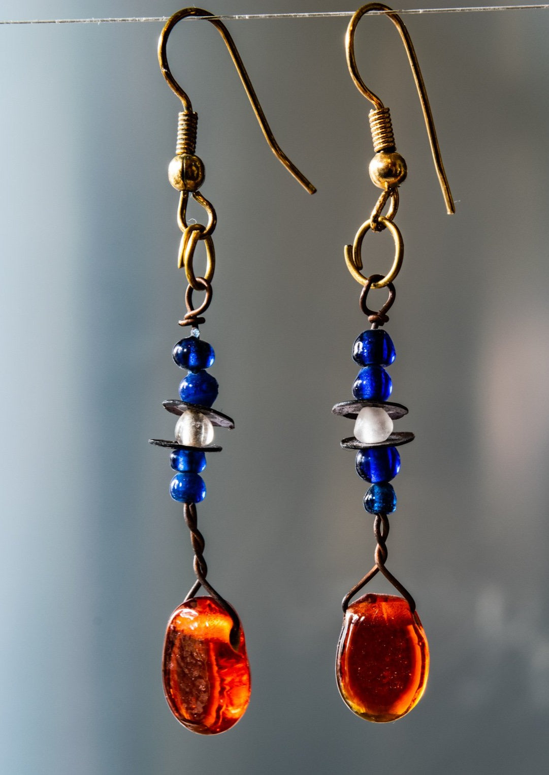 Fringe, Aged Brass Dangle Earrings with Handmade Orange and Blue Glass Beads