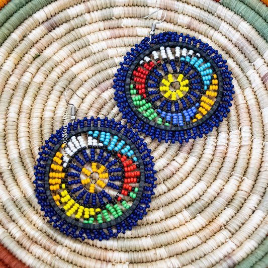 African Large Round Earrings, Flower Design, Navy Blue with Black, Marigold, Sky-Blue, Red, Green, Yellow and White Accents