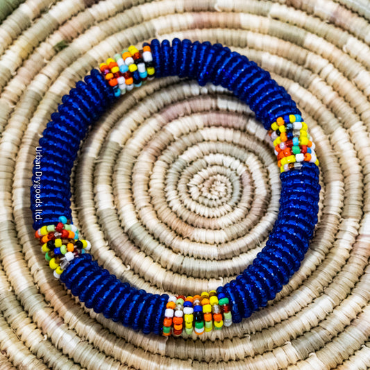 African Beaded Bangle Bracelet, Navy Blue with Multi-Colored Accents