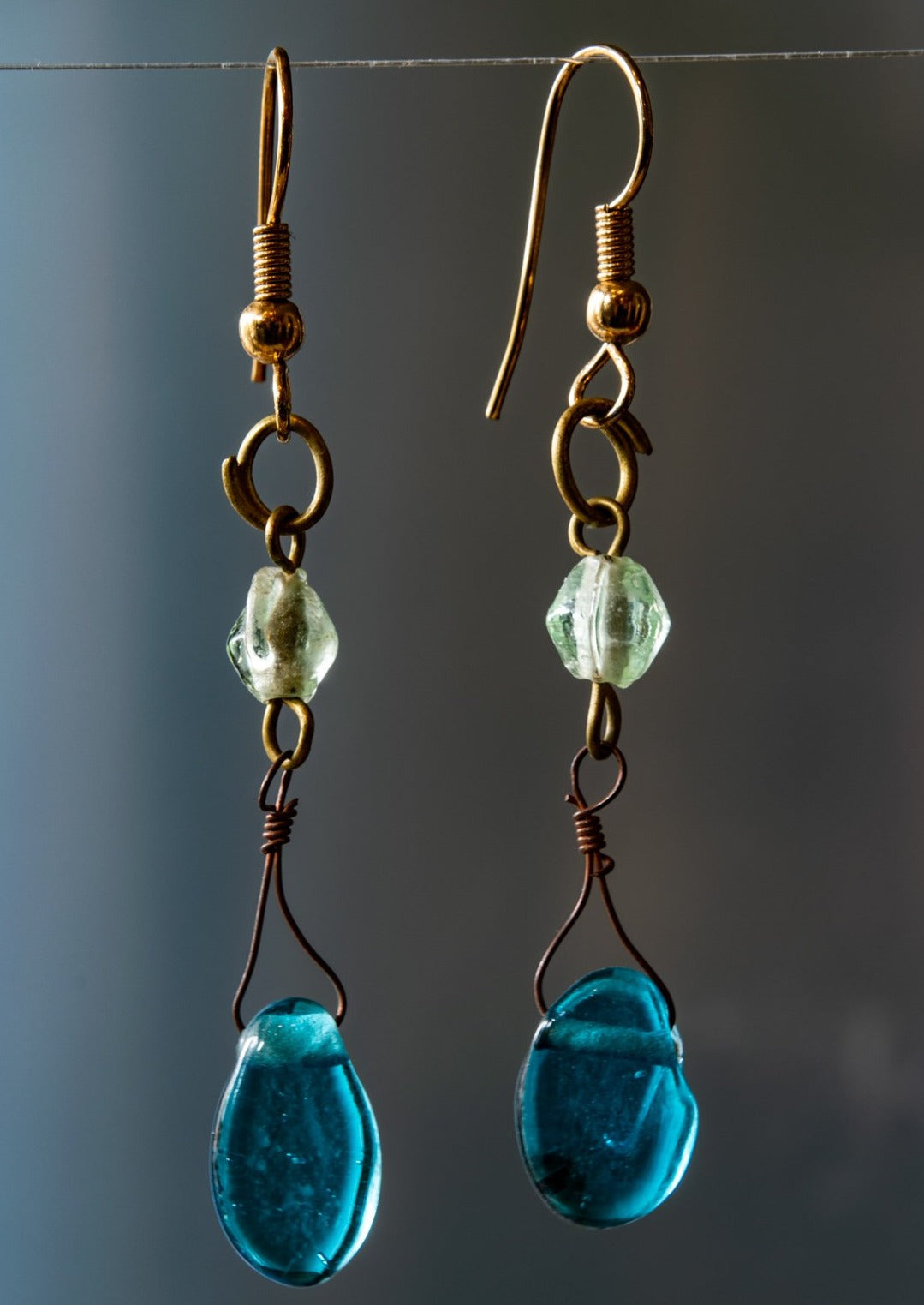 Fringe, Brass Dangle Earrings with Aquamarine Blue Glass Beads