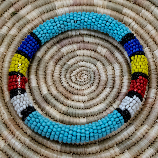 African Beaded Bangle Bracelet, Sky-Blue with Black, Periwinkle, Yellow, Red and White Accents