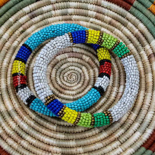 African Beaded Bangle Bracelet, White with Bronze, Light Green, Medium Green, Yellow, and Blue Accents