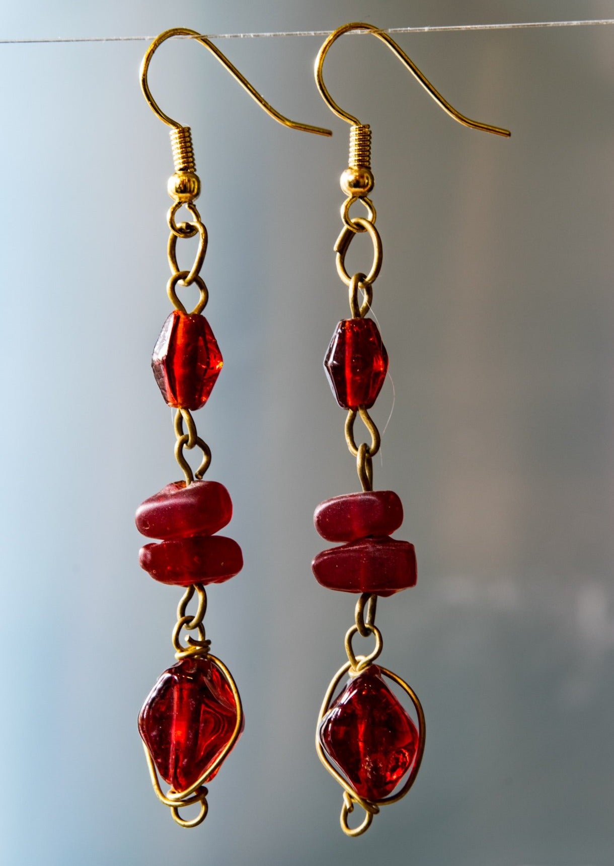 Fringe, Brass Dangle Earrings with Handmade Ruby Red Glass Beads