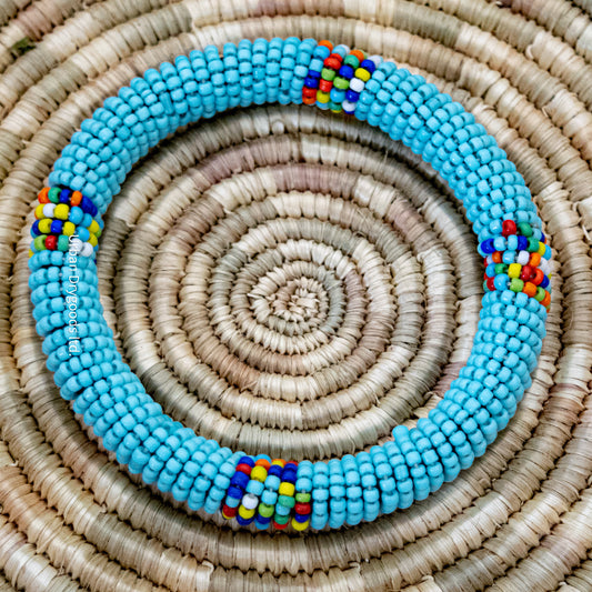 African Beaded Bangle Bracelet, Light Blue with Multi-Colored Accents