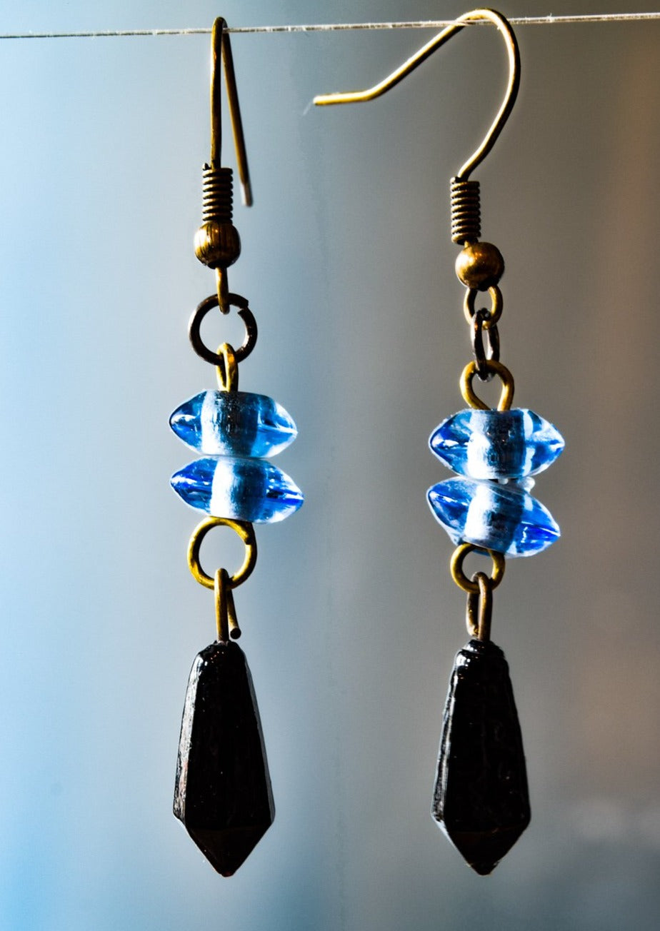 Fringe, Aged Brass Dangle Earrings with Handmade Light Blue and Jet Black Glass Beads