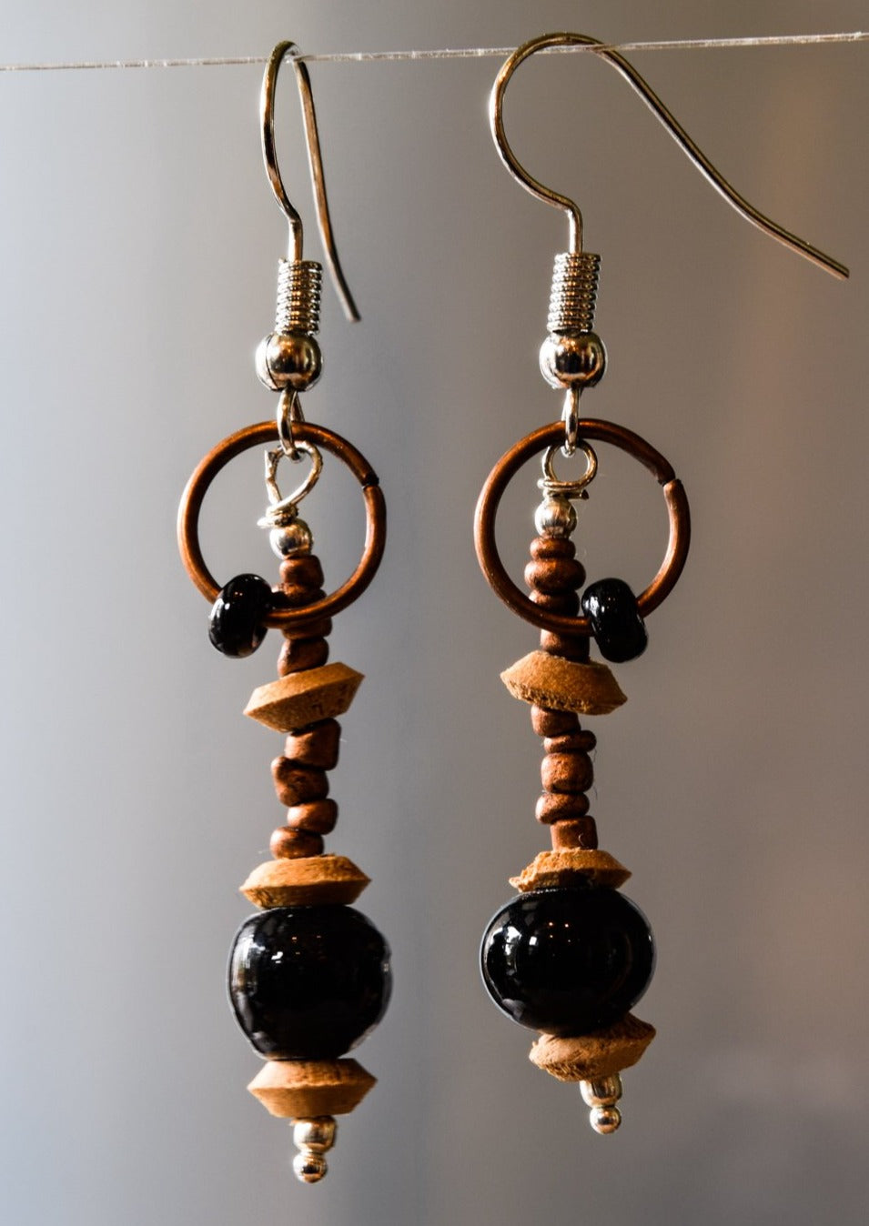 Fringe, Dangle Earrings with Copper, Silver, Wood and Black Glass