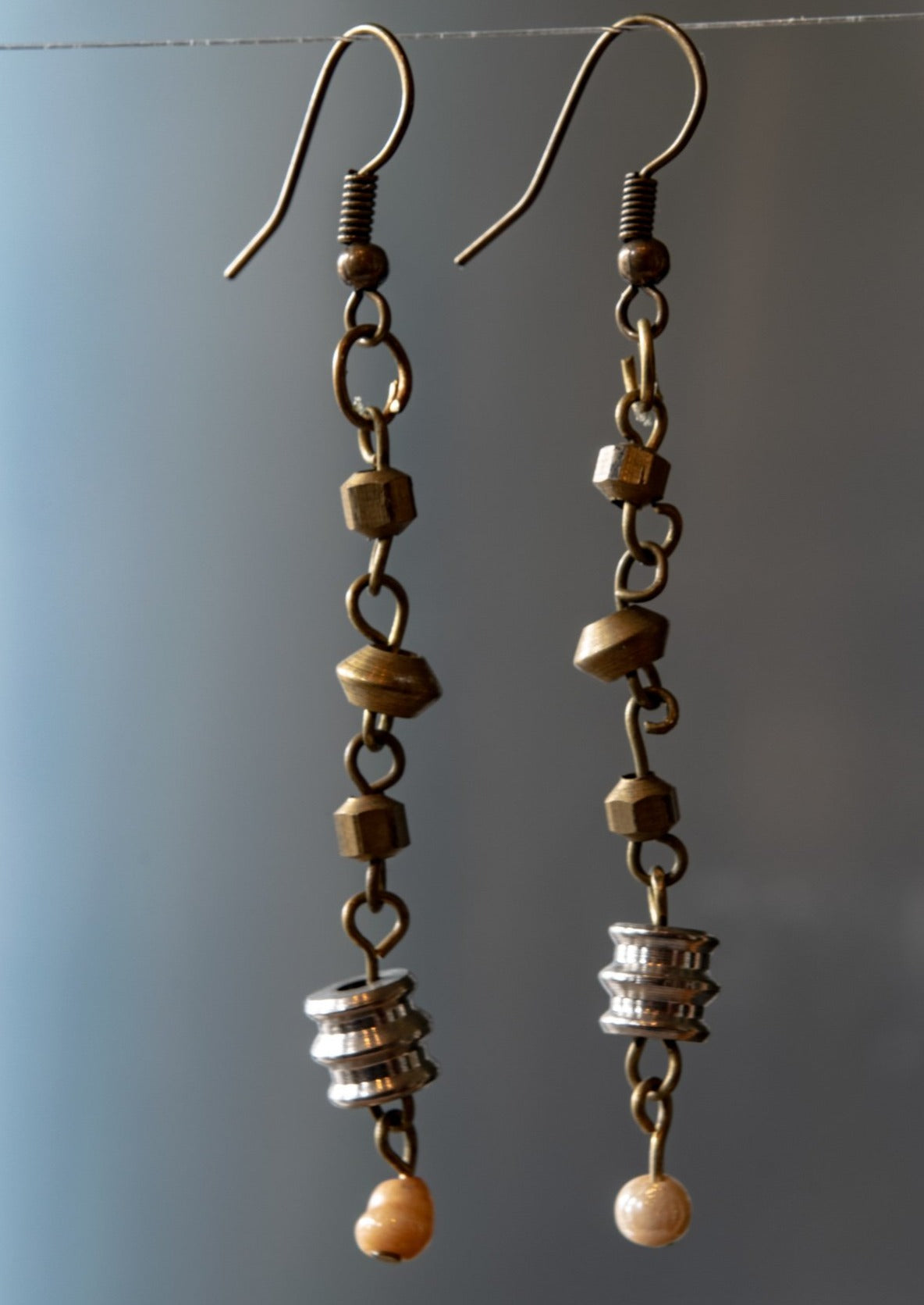 Fringe, Dangle Earrings with Brass, Silver and Glass Media