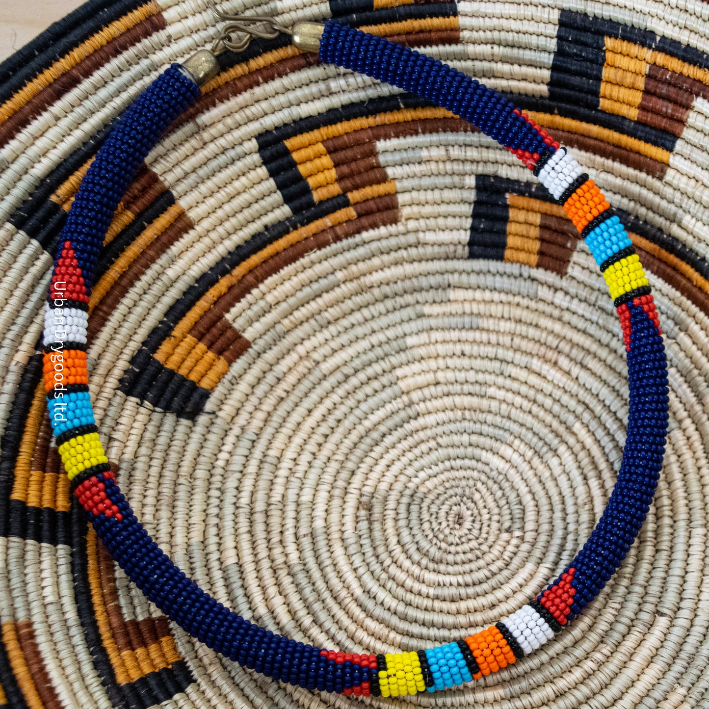 Reproduction Zulu and Messiah African Handmade Beaded Necklaces, Navy Blue, with Red, White, Orange, Sky-Blue