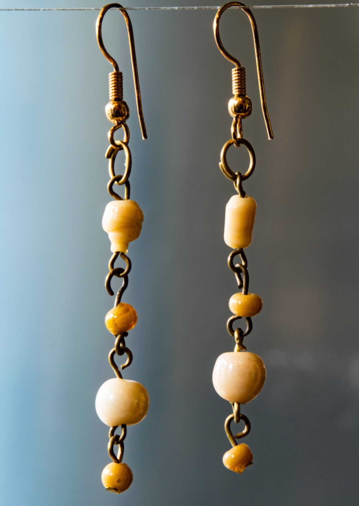 Fringe, Brass Dangle Earrings with Caramel and Cream Glass Beads