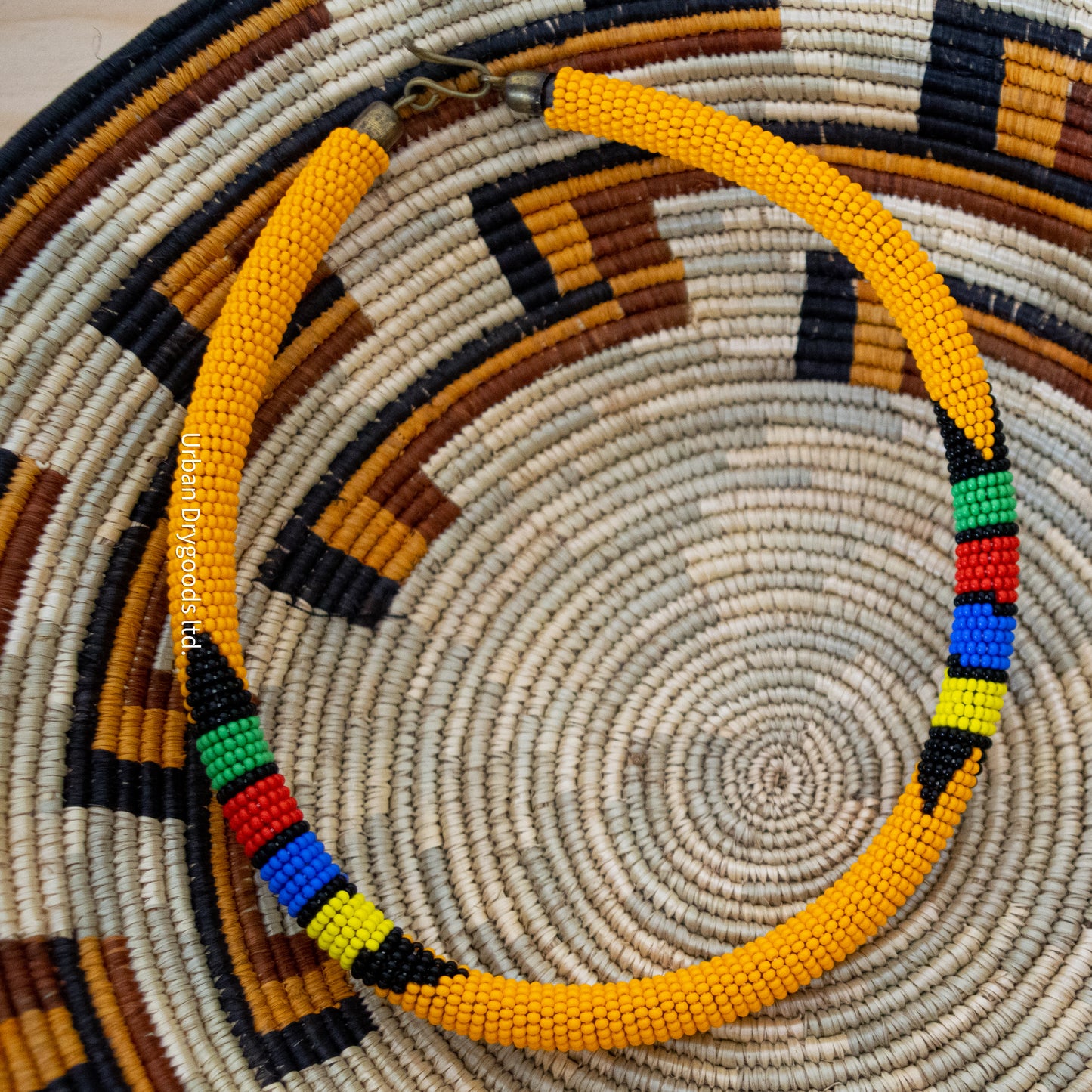 Zulu and Messiah African Handmade Beaded Necklaces, Marigold, Black, Green, Red, Periwinkle, and Yellow