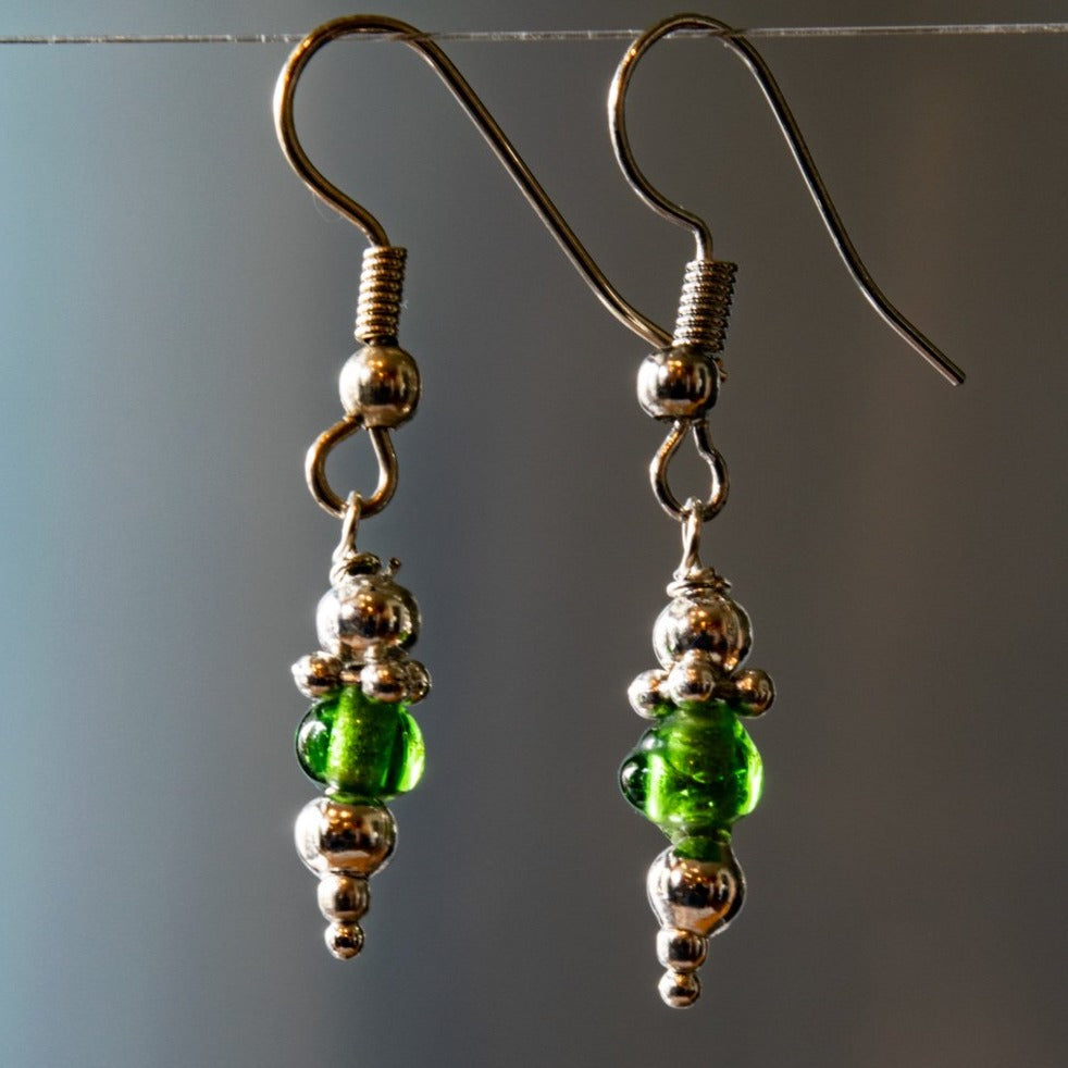 Fringe, Small Dangle Earrings with Emerald Green glass, and Silver Beads