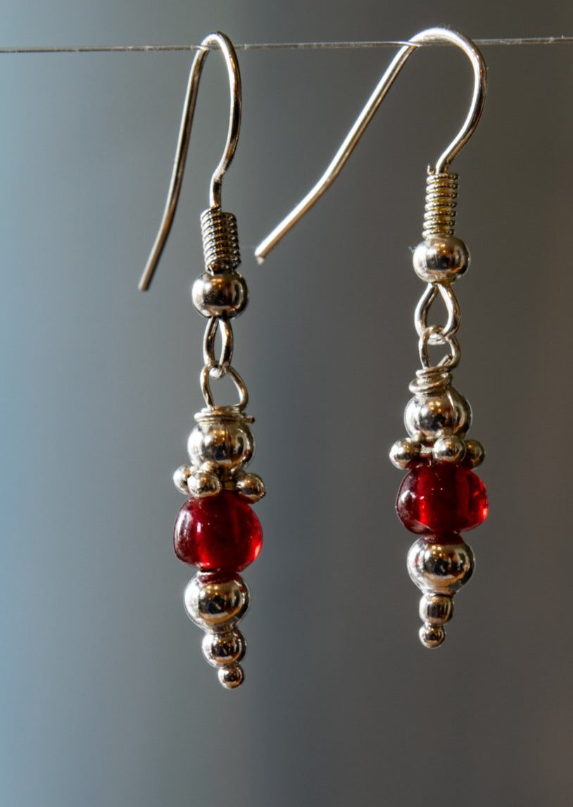 Fringe, Small Dangle Ruby Red Glass Earrings