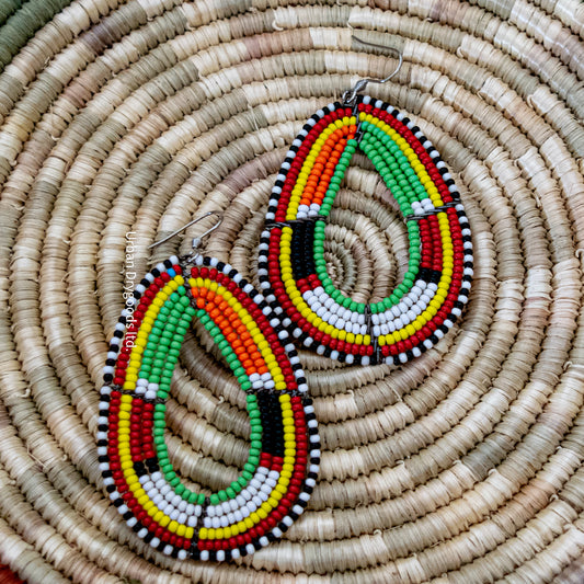 African Large Teardrop Earrings, with Black and White, Red, Yellow, Green, and Orange Accents