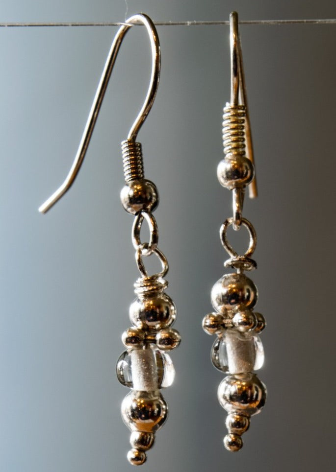 Fringes, Small Dangle Clear Glass and Silver Bead Earrings