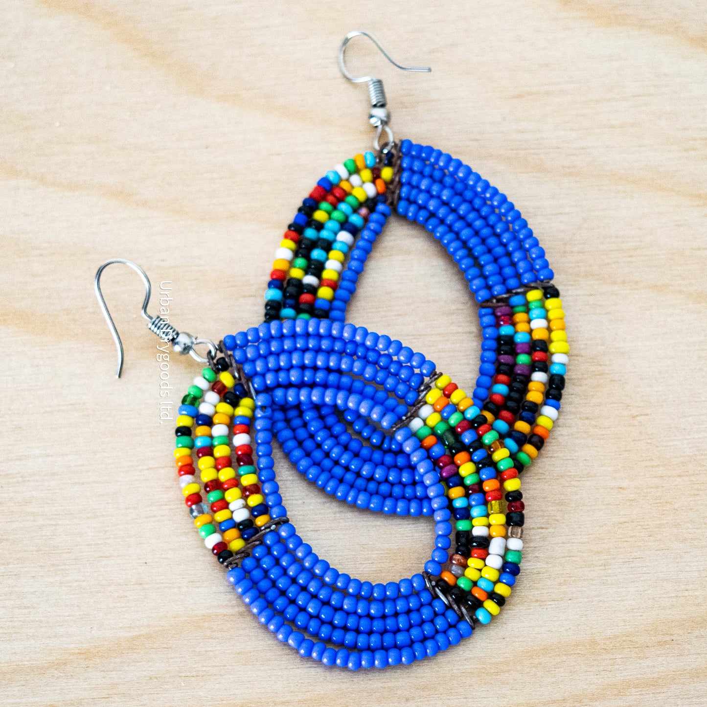 African Large Teardrop Earrings, Periwinkle with Multicolored Accents