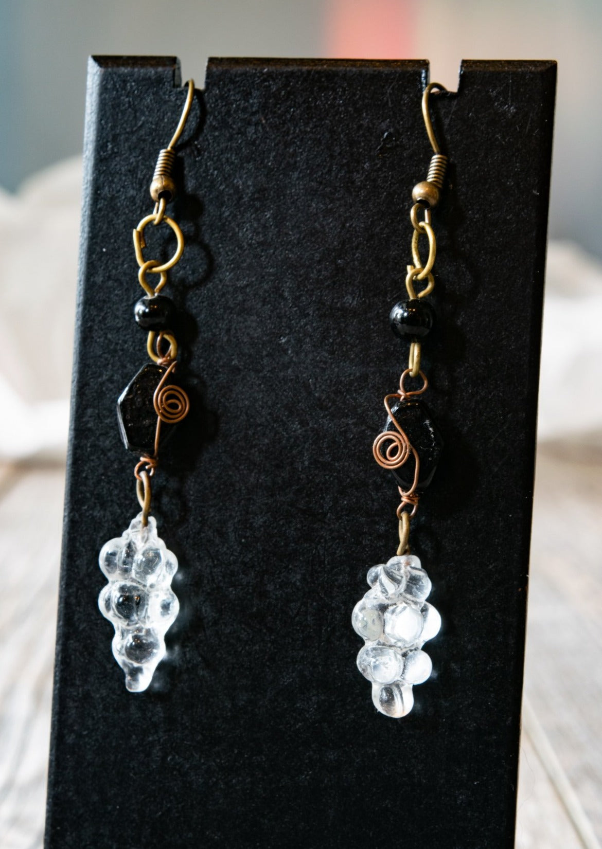 Fringe, Aged Brass Dangle Earrings with Handmade Clear and Black Glass Beads