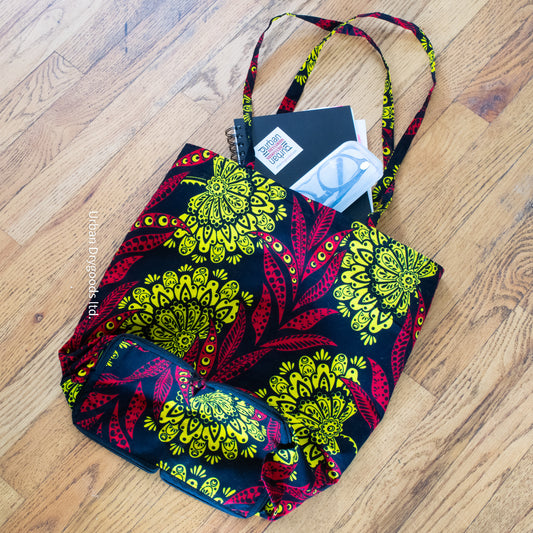 Handmade African Folding Tote Bag with Red and Yellow Pattern