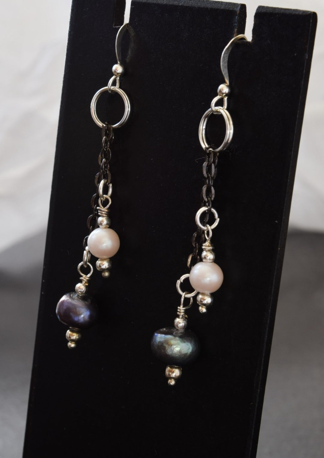 Basics, Prussian Blue and White Fresh-Water Pearl Dangle Earrings on Gun Metal Chain