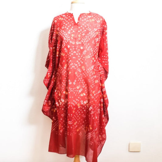 Women's Light Red, Hand Dyed, Cotton, Midi-Caftan - Tunic - Dress with Batwing Sleeves