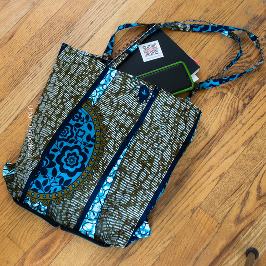 Handmade African Folding Tote Bag with Green and Blue Colored Pattern