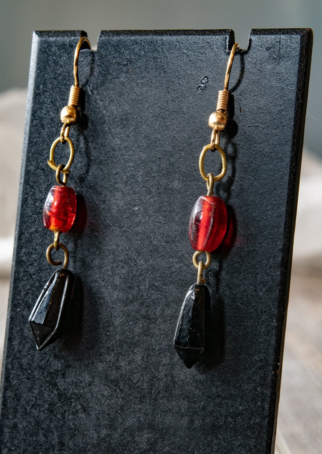 Fringe, Brass Dangle Earrings with Black and Ruby Red Glass