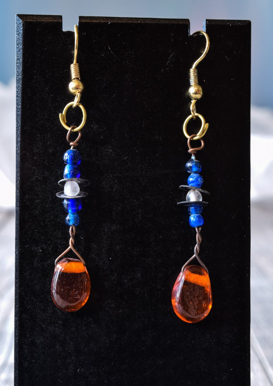 Fringe, Aged Brass Dangle Earrings with Handmade Orange and Blue Glass Beads