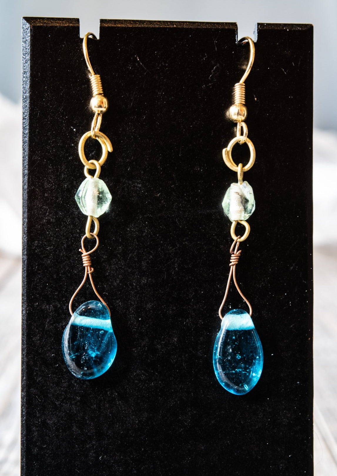 Fringe, Brass Dangle Earrings with Aquamarine Blue Glass Beads