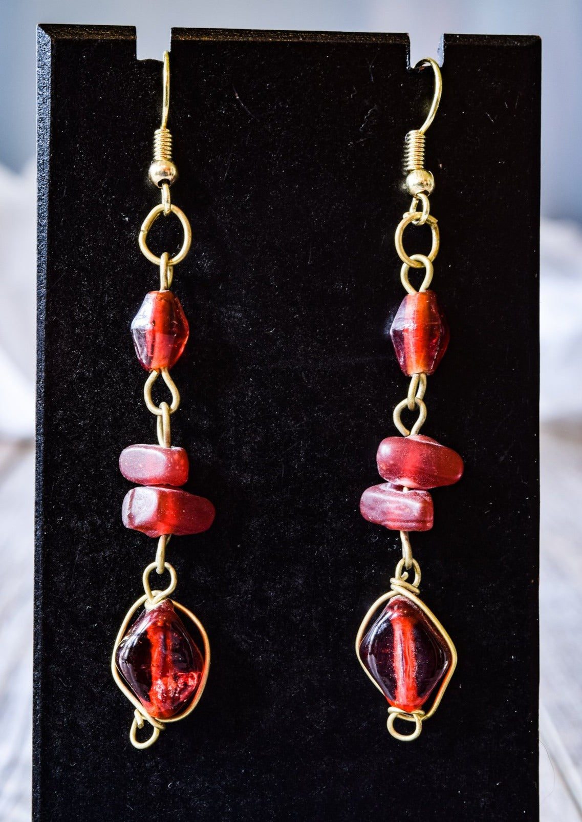 Fringe, Brass Dangle Earrings with Handmade Ruby Red Glass Beads