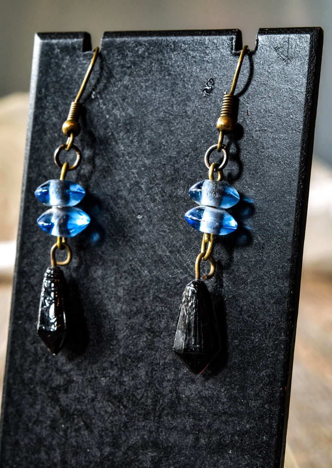 Fringe, Aged Brass Dangle Earrings with Handmade Light Blue and Jet Black Glass Beads