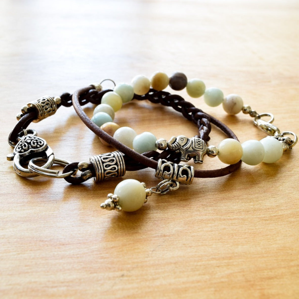 Beginnings, Natural Amazonite Bracelet with a Silver Elephant Accent