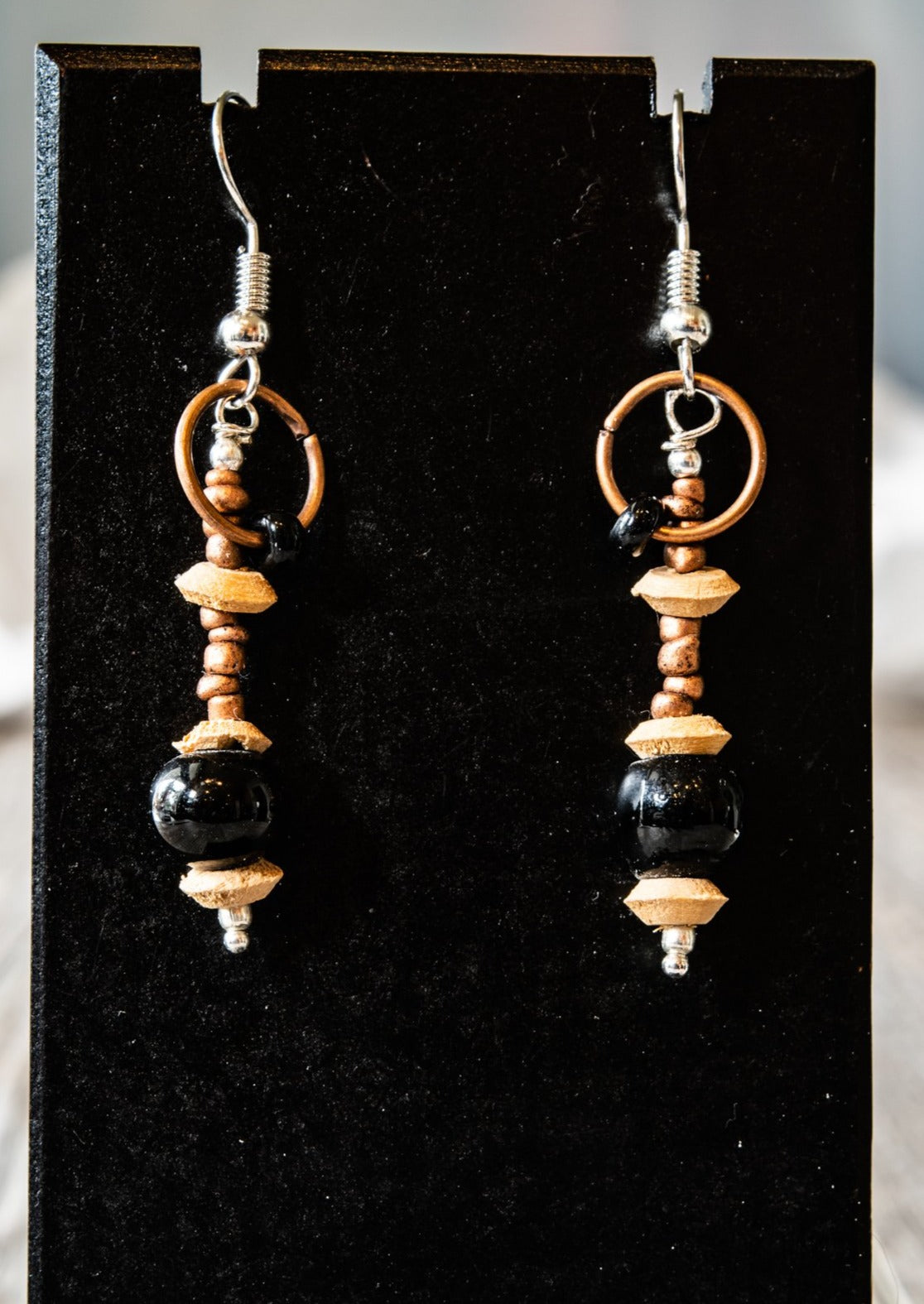 Fringe, Dangle Earrings with Copper, Silver, Wood and Black Glass