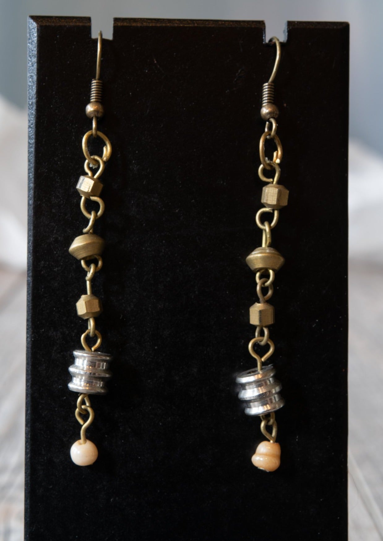 Fringe, Dangle Earrings with Brass, Silver and Glass Media