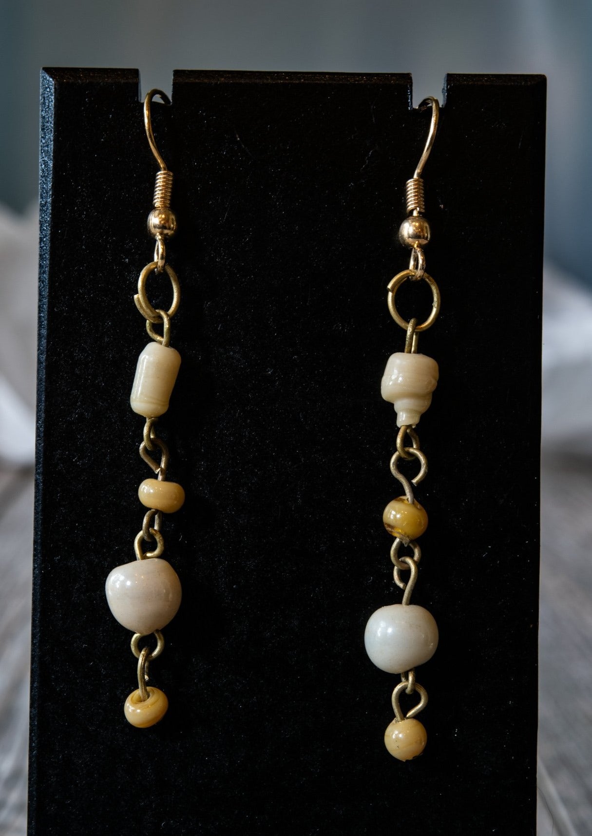 Fringe, Brass Dangle Earrings with Caramel and Cream Glass Beads