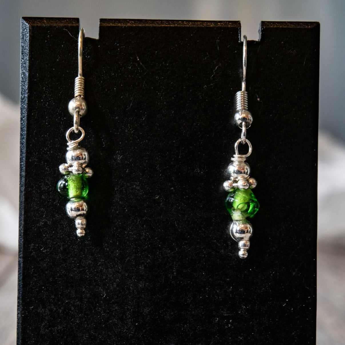 Fringe, Small Dangle Earrings with Emerald Green glass, and Silver Beads