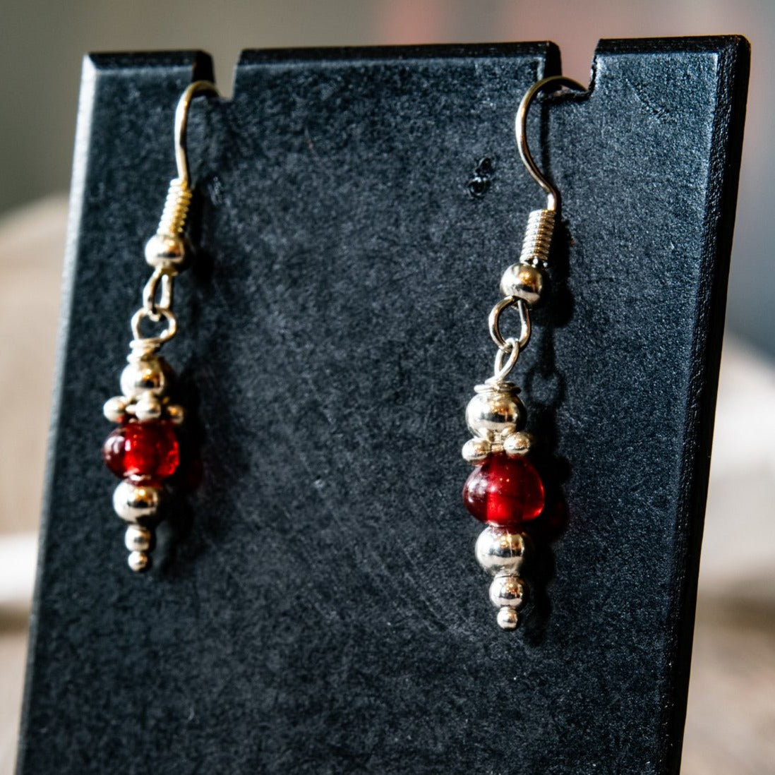 Fringe, Small Dangle Ruby Red Glass Earrings