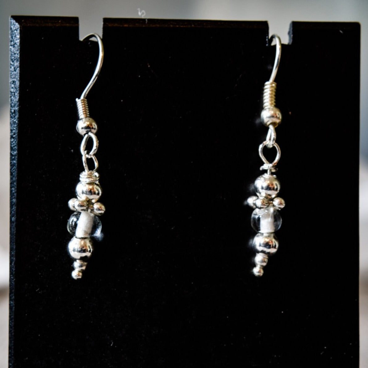 Fringes, Small Dangle Clear Glass and Silver Bead Earrings